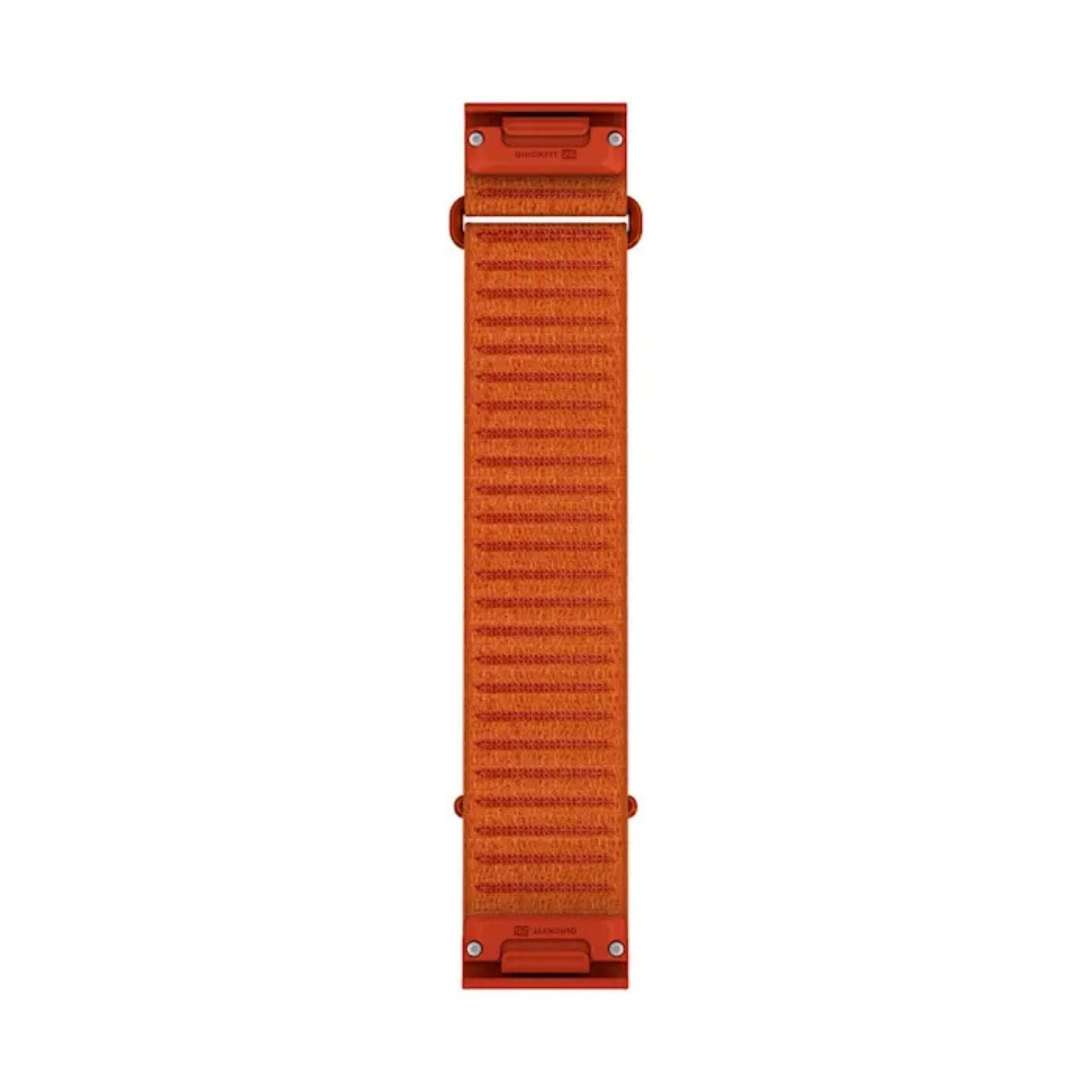 Garmin QuickFit 26 mm tiilenpunainen ja oranssi kangasranneke edestä, punaisilla kiinnikkeillä