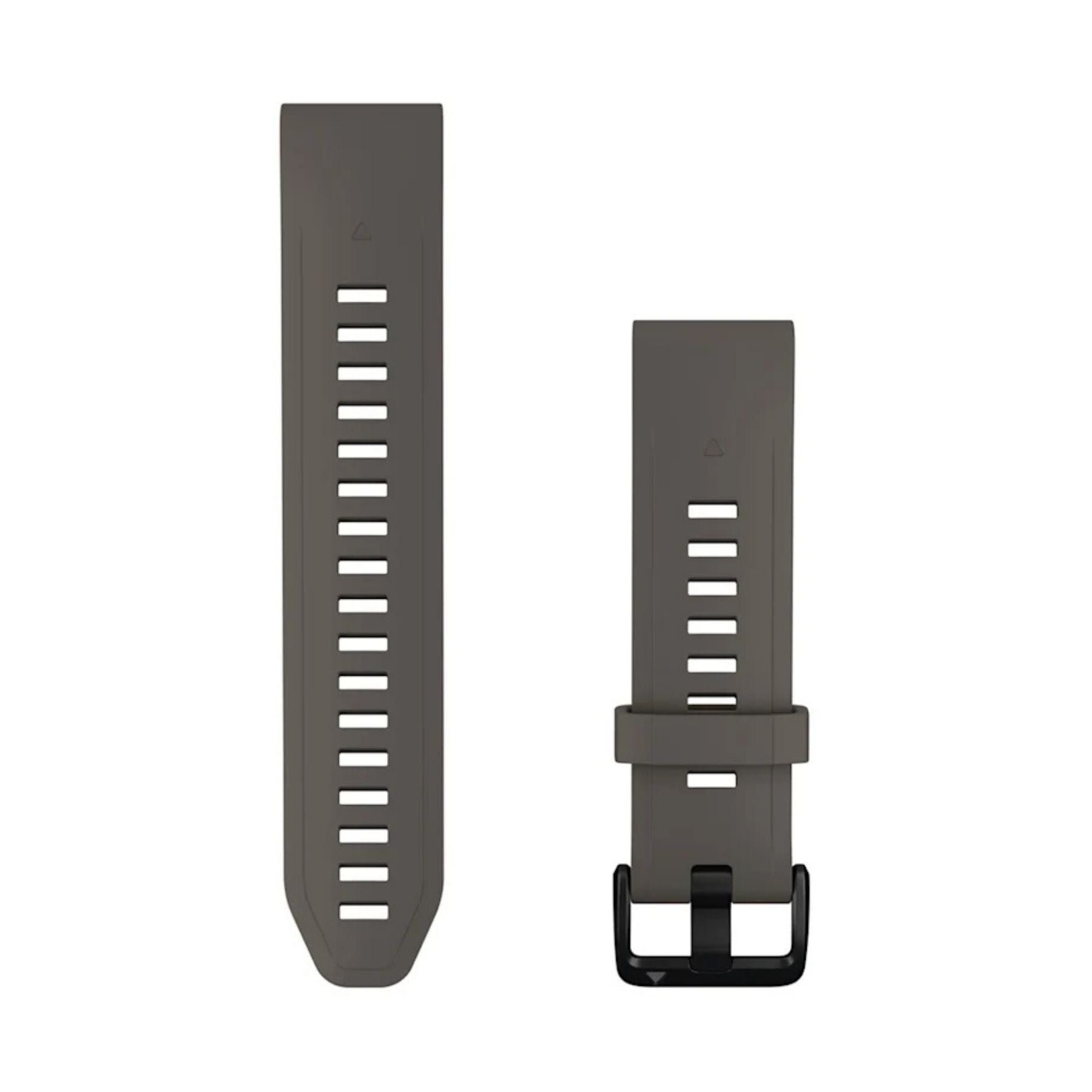 Garminin kivenharmaa 20 mm QuickFit silikoniranneke, jossa on säätöreiät ja musta solki valkoista taustaa vasten