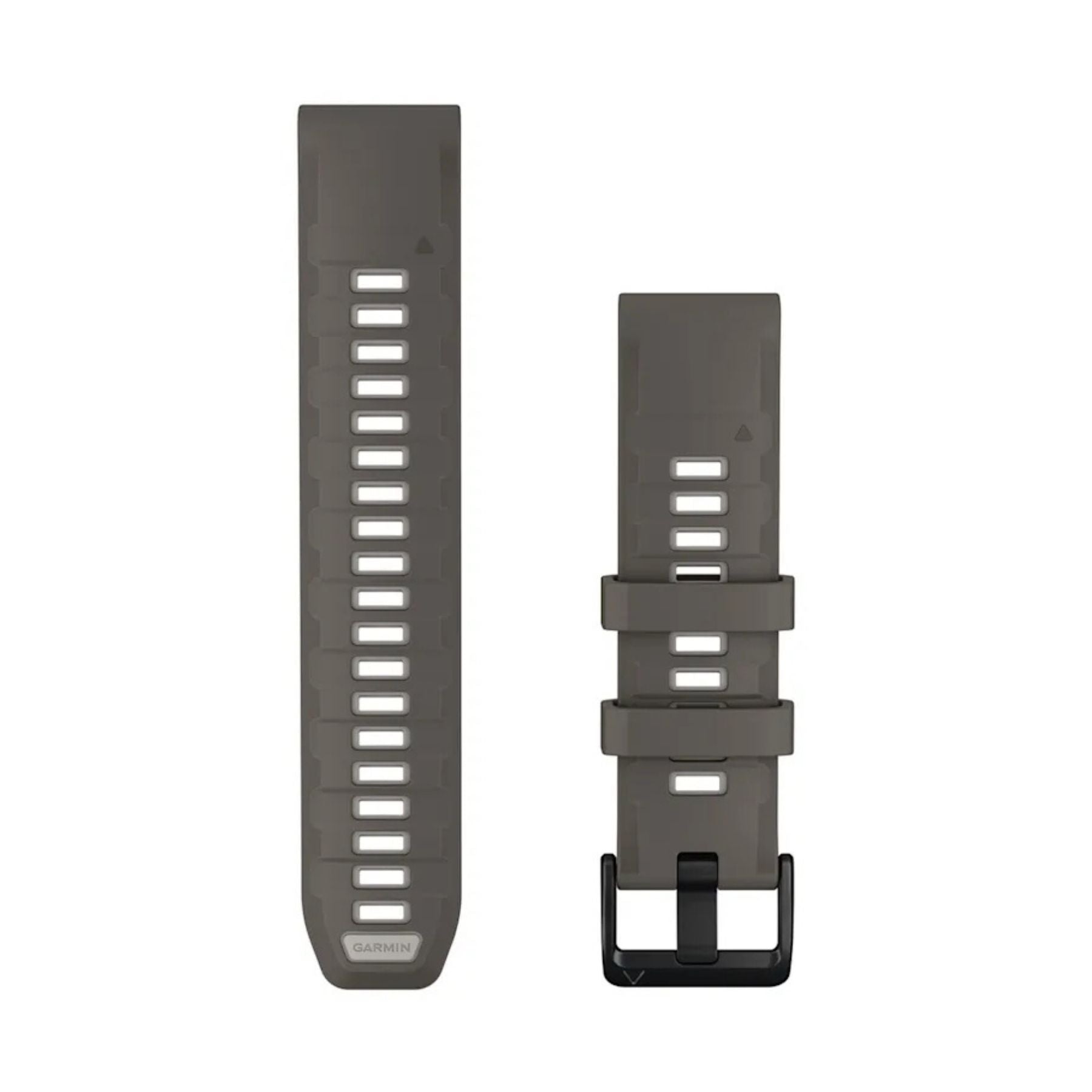 Garminin kivenharmaa QuickFit silikoniranneke, hopeanharmaat yksityiskohdat ja musta solki