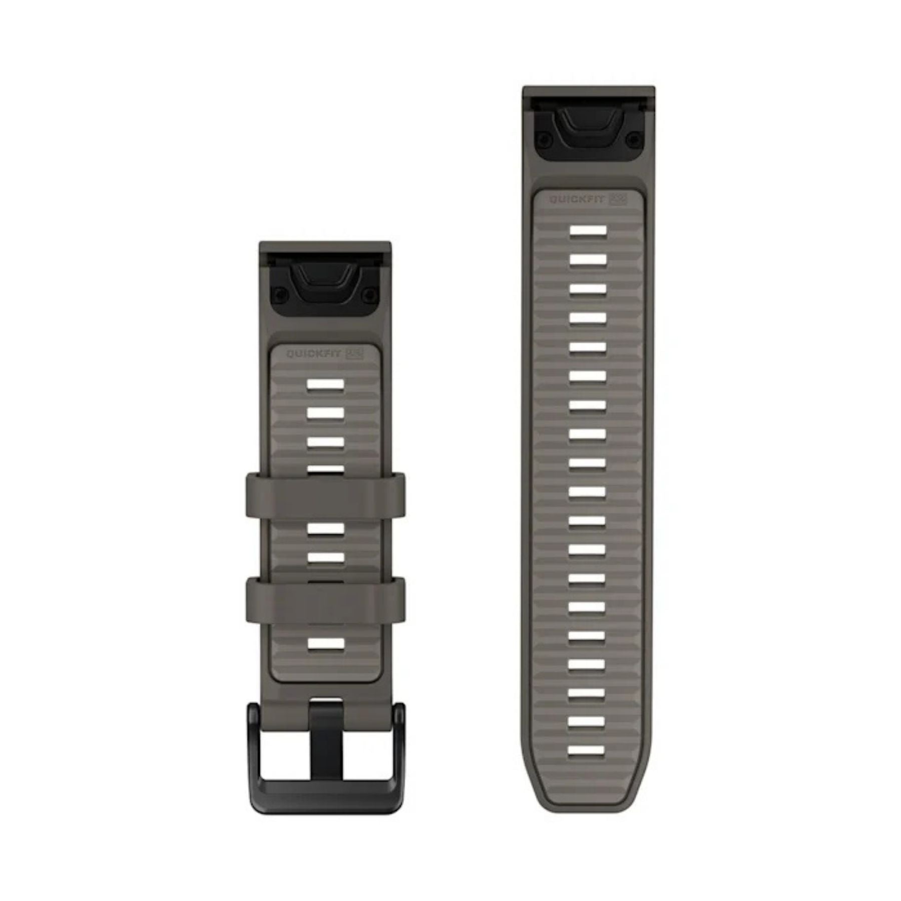 Garmin QuickFit 22 mm kivenharmaa silikoniranneke, jossa musta solki ja useita säätöreikiä valkoisella taustalla