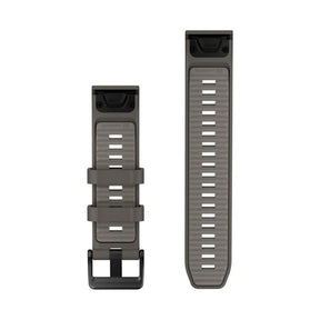 Garmin QuickFit 22 mm kivenharmaa silikoniranneke, jossa musta solki ja useita säätöreikiä valkoisella taustalla