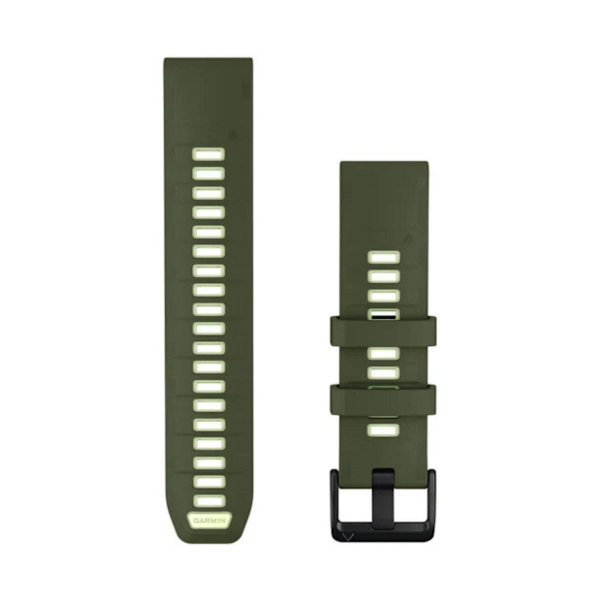 Garmin QuickFit oliivinvihreä silikoniranneke 22 mm soljella ja säädettävillä rei'illä suoraan edestä katsottuna