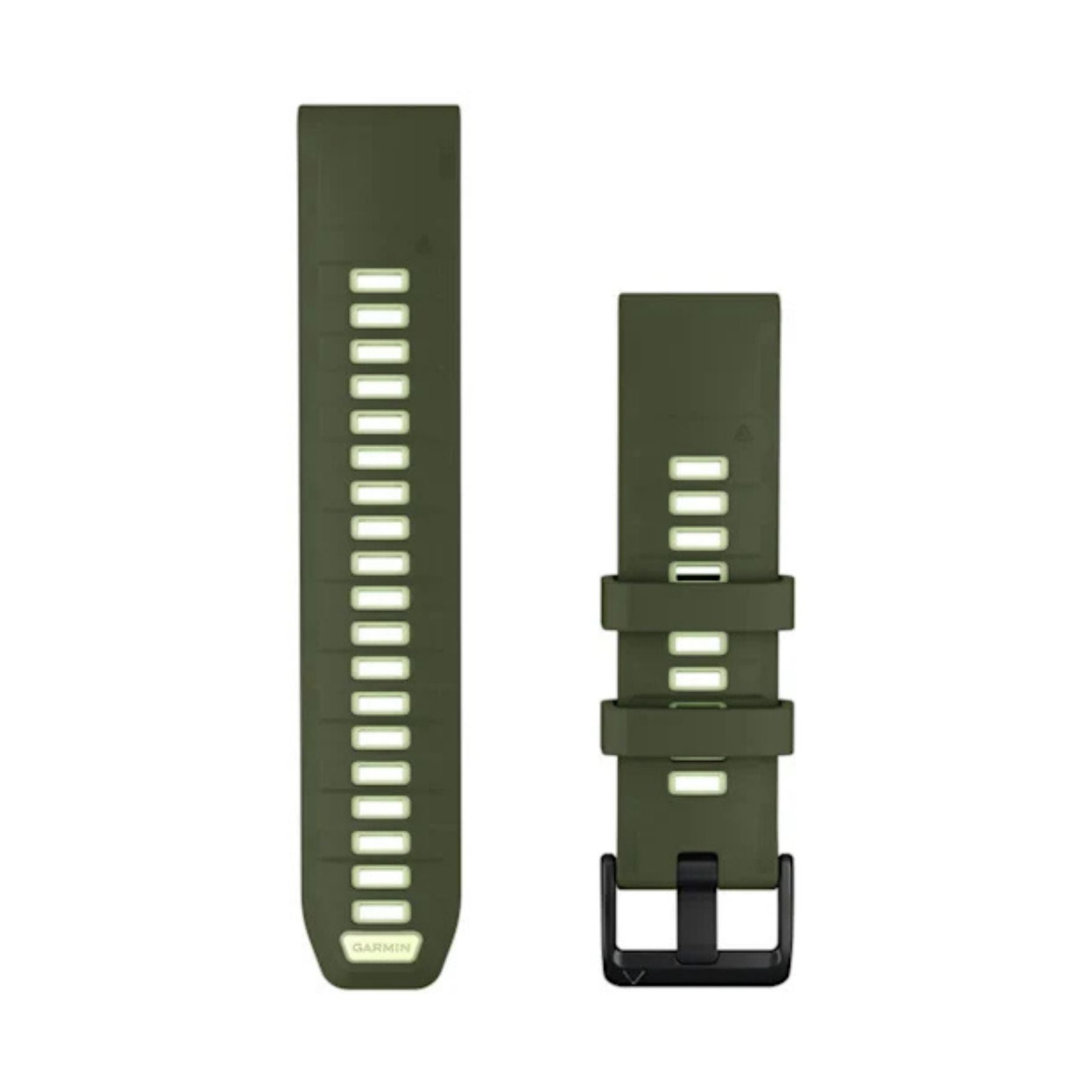 Garmin QuickFit oliivinvihreä silikoniranneke 22 mm soljella ja säädettävillä rei'illä suoraan edestä katsottuna
