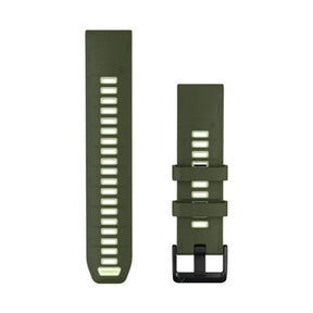 Garmin QuickFit oliivinvihreä silikoniranneke 22 mm soljella ja säädettävillä rei'illä suoraan edestä katsottuna