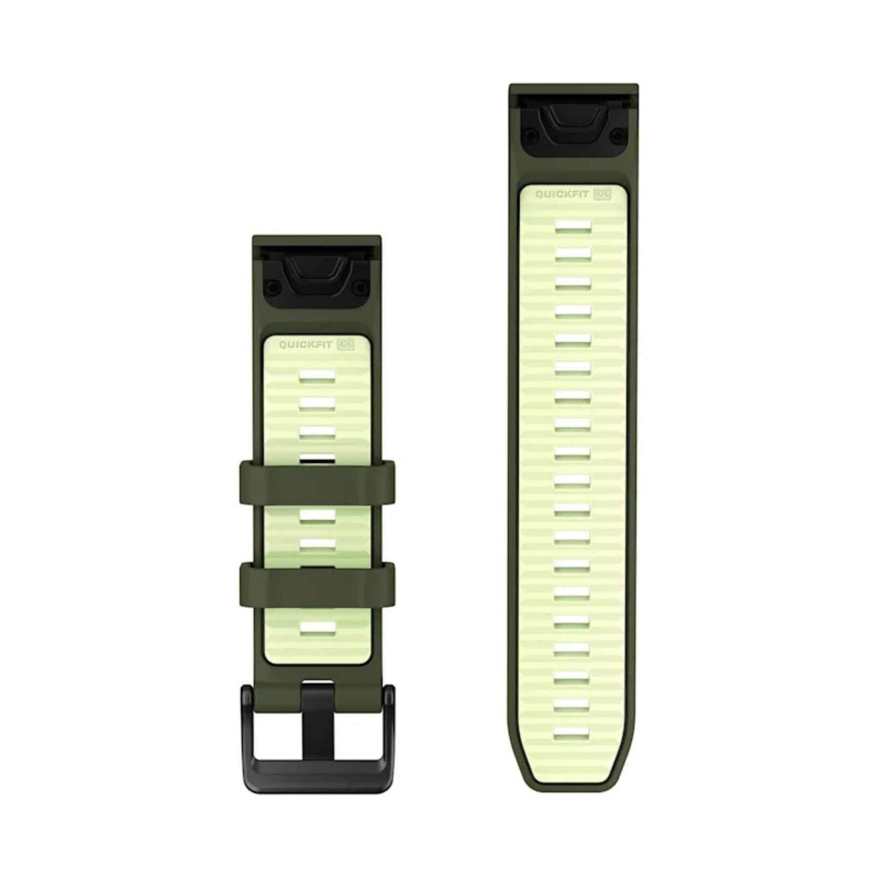 Garminin oliivinvihreä 22 mm QuickFit silikoniranneke vaalean limenvihreällä sisäpinnalla ja mustalla soljella