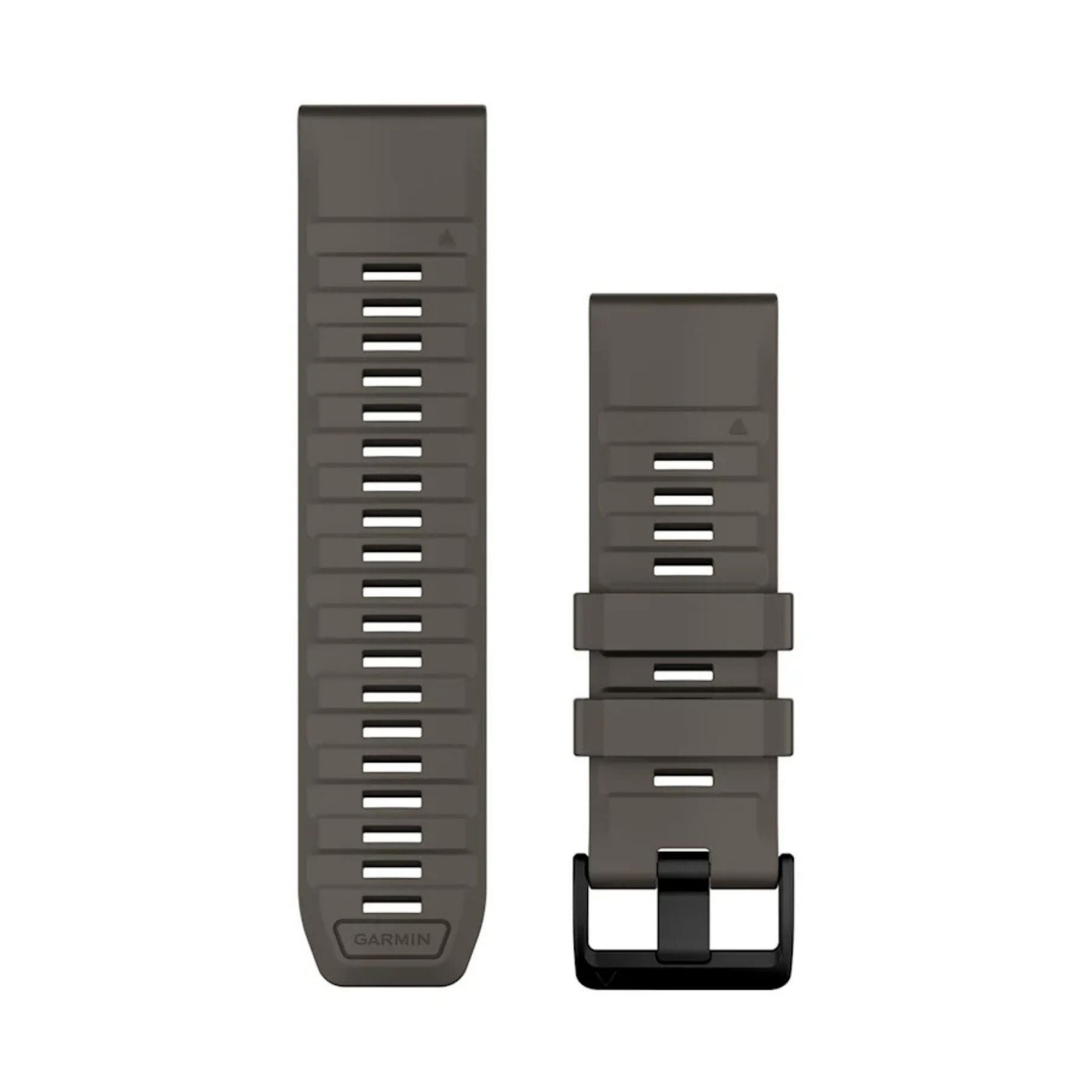 Garminin kivenharmaa 26 mm silikoniranneke, kaksi irrotettua osaa ja musta solki valkoisella taustalla