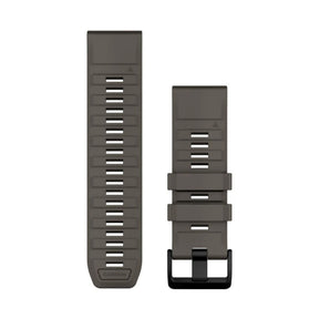 Garminin kivenharmaa 26 mm silikoniranneke, kaksi irrotettua osaa ja musta solki valkoisella taustalla