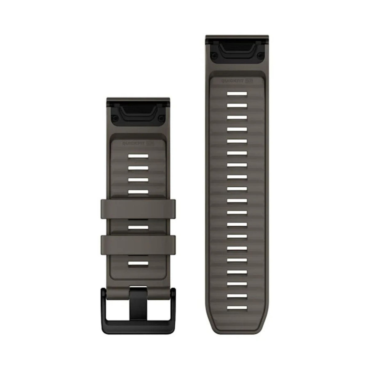 Garminin kivenharmaa 26 mm silikoniranneke, kaksi osaa ja musta solki valkoisella taustalla