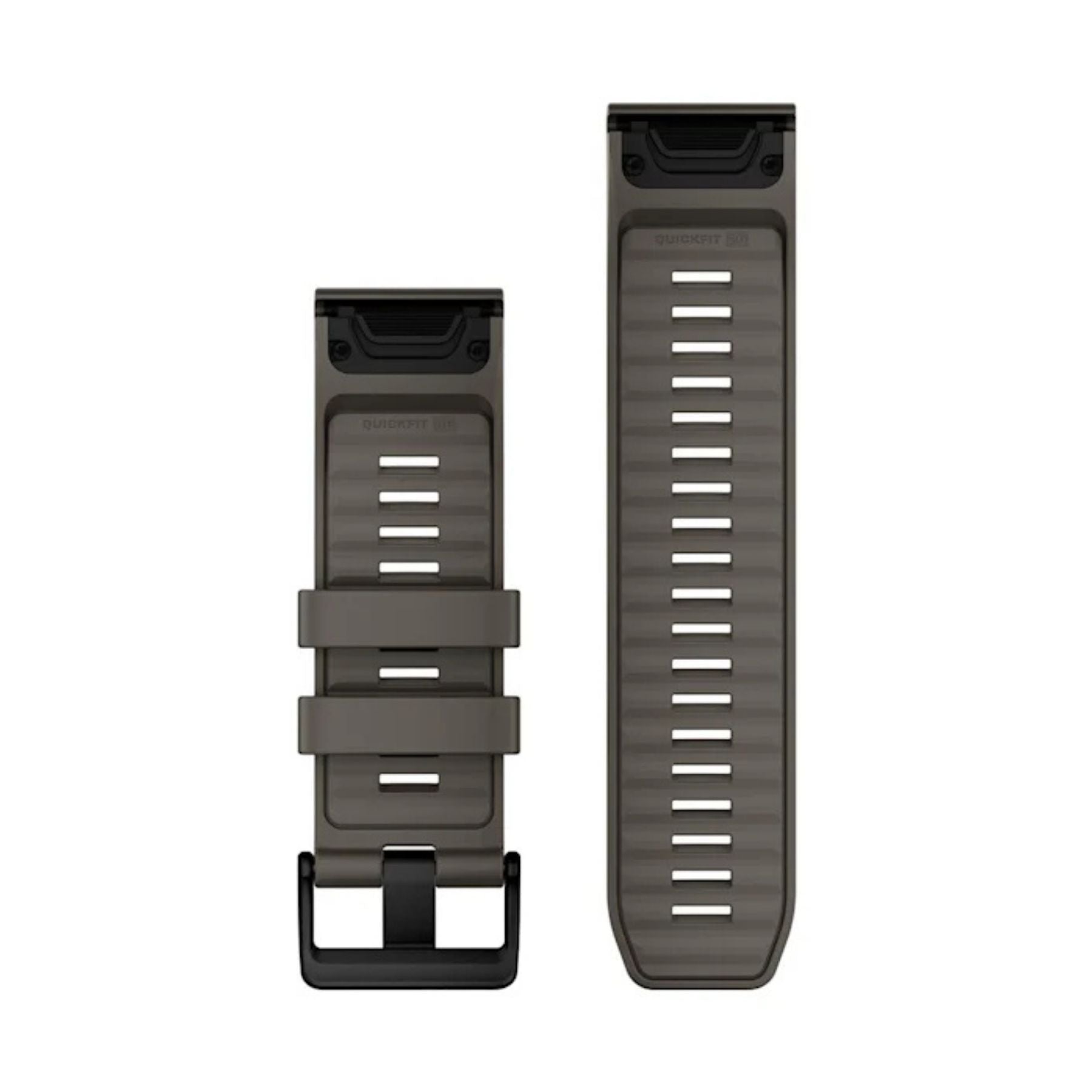Garminin kivenharmaa 26 mm silikoniranneke, kaksi osaa ja musta solki valkoisella taustalla