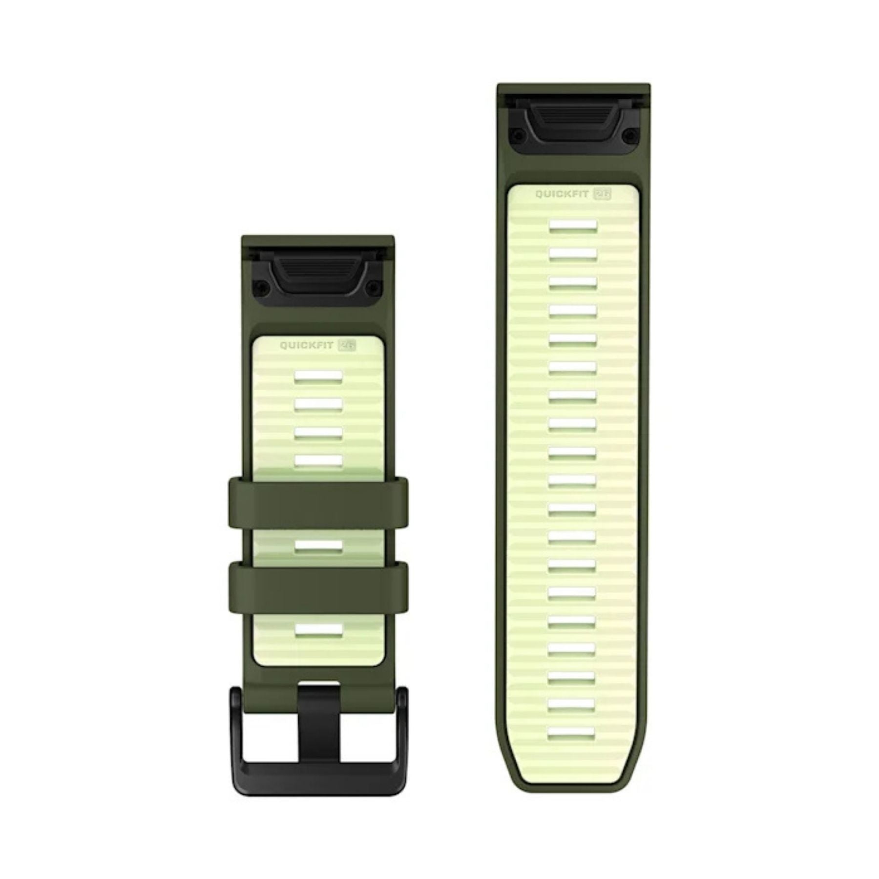 Oliivinvihreä Garmin QuickFit 26 mm silikoniranneke limenvihreillä yksityiskohdilla ja mustalla soljella