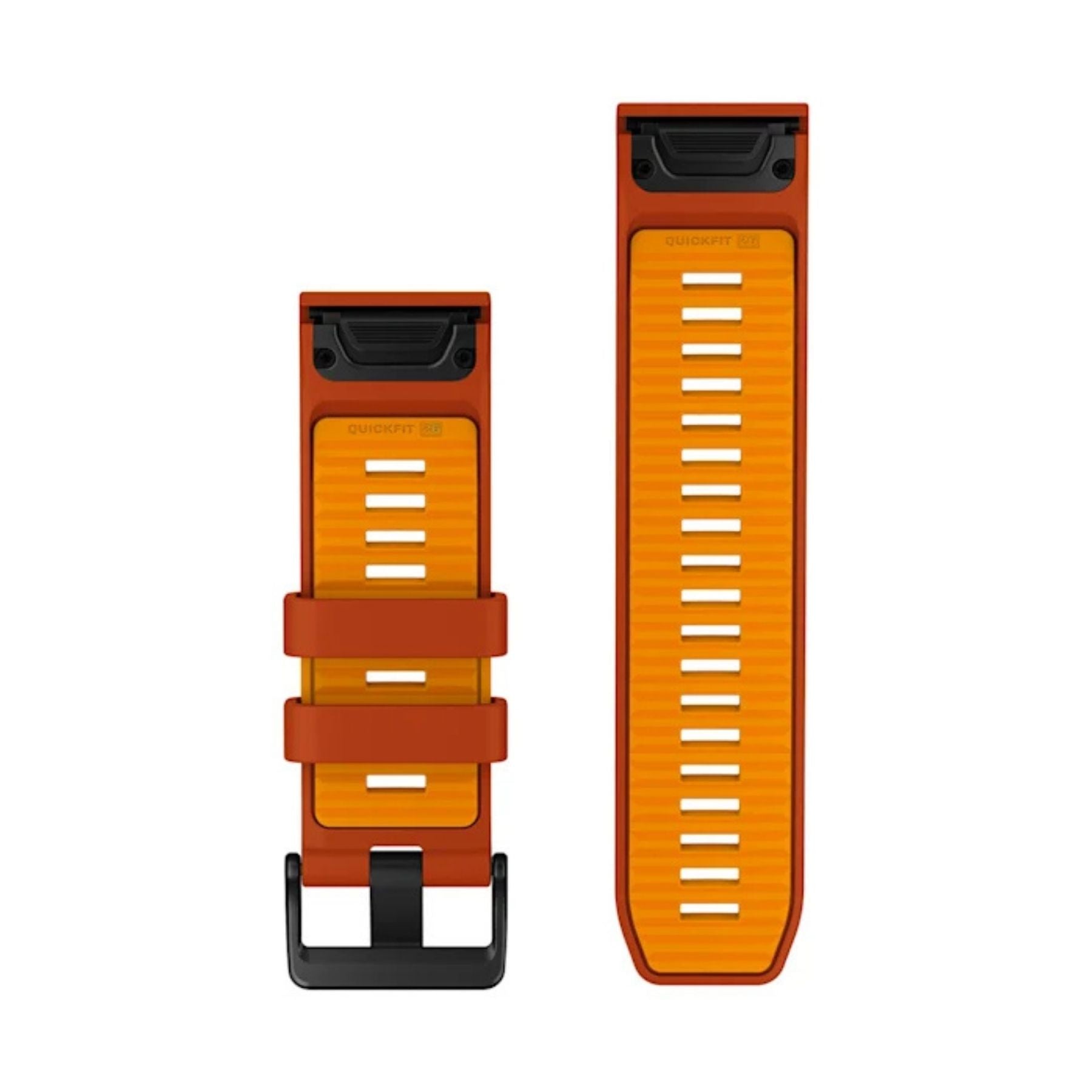 Garminin tiilenpunainen ja oranssi QuickFit-silikoniranneke, kaksi osaa ja musta solki valkoisella taustalla