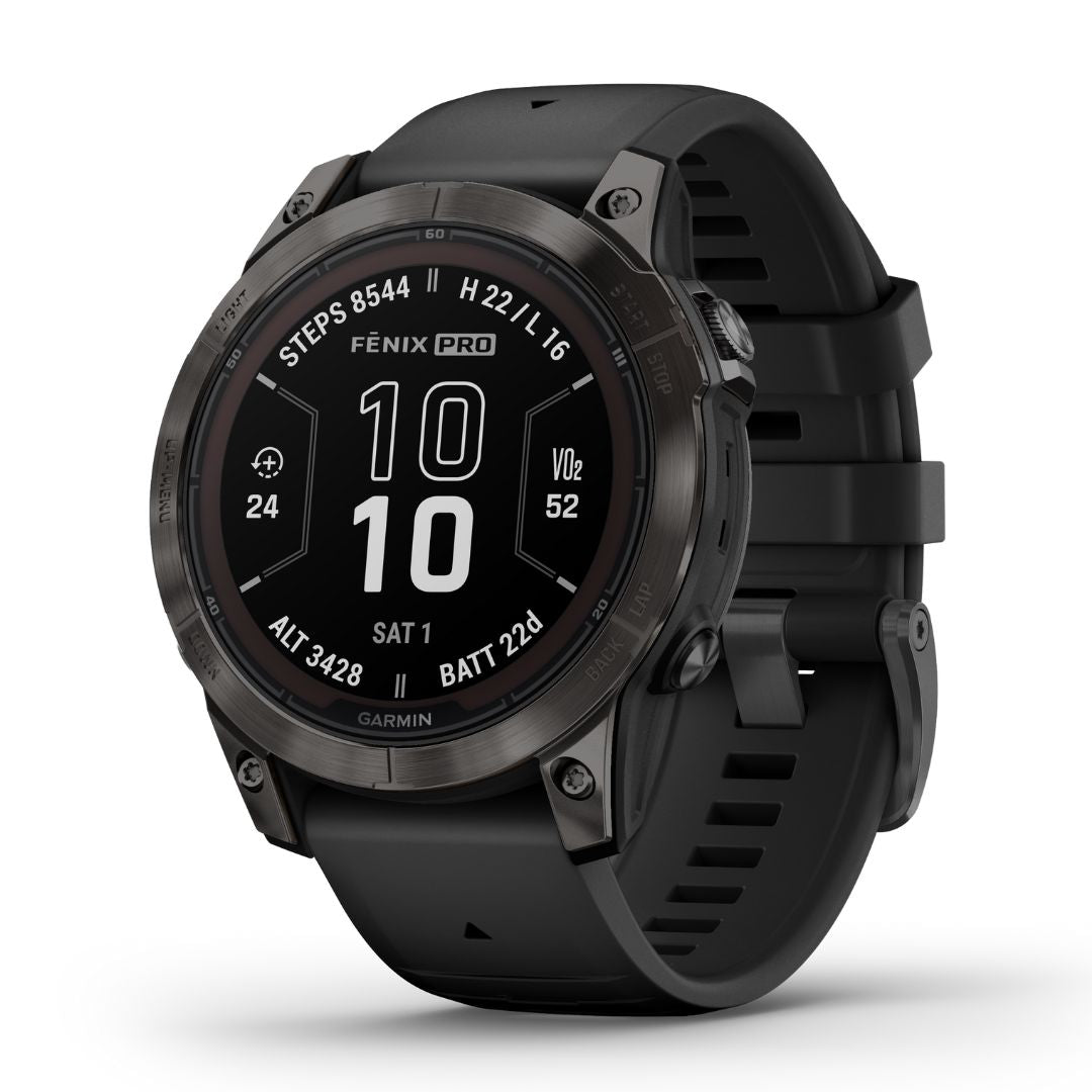 Garmin Fenix 7 Pro Sapphire Solar, hiilenharmaa titaani ja musta ranne