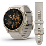 Garmin Fenix 8, 43mm Amoled Sapphire, vaalea kulta ja kalkkikivenvärinen nahkahihna, älykello 010-02903-40