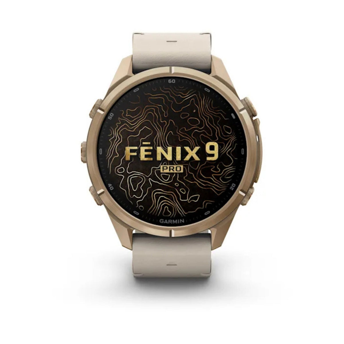 Garmin Fenix 9 Pro -älykello lämmin kullan sävyisellä titaanikotelolla, harmaalla rannekkeella ja mustalla Fenix 9 -näytöllä
