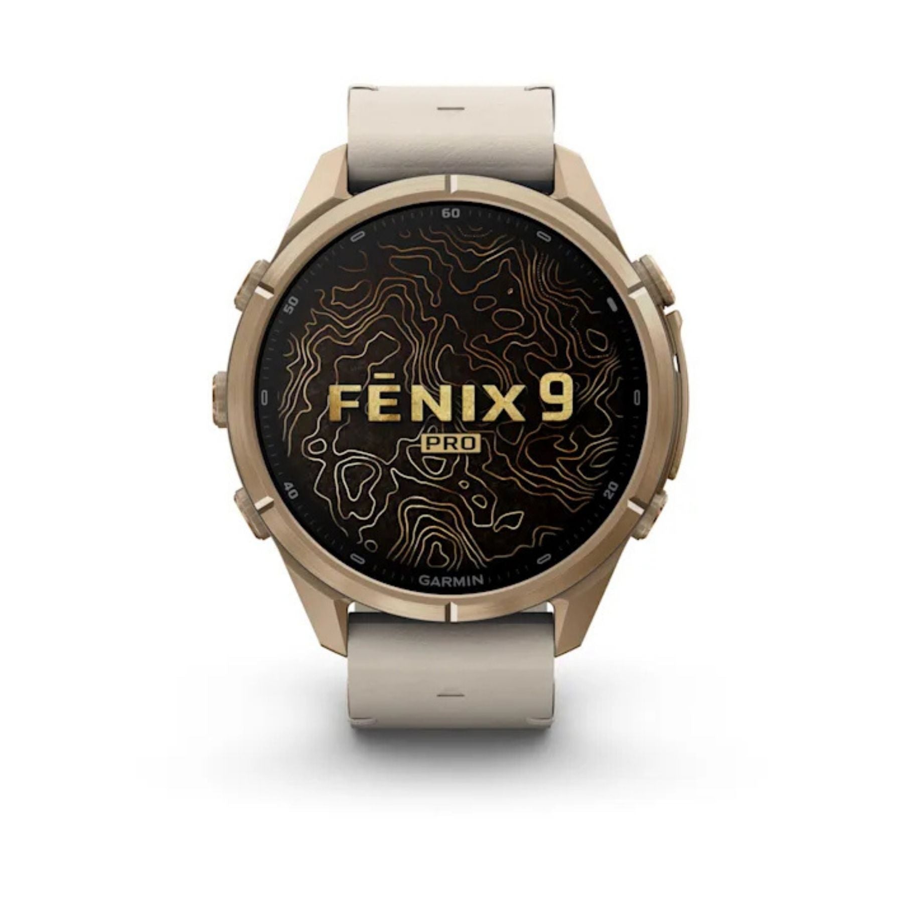 Garmin Fenix 9 Pro -älykello lämmin kullan sävyisellä titaanikotelolla, harmaalla rannekkeella ja mustalla Fenix 9 -näytöllä