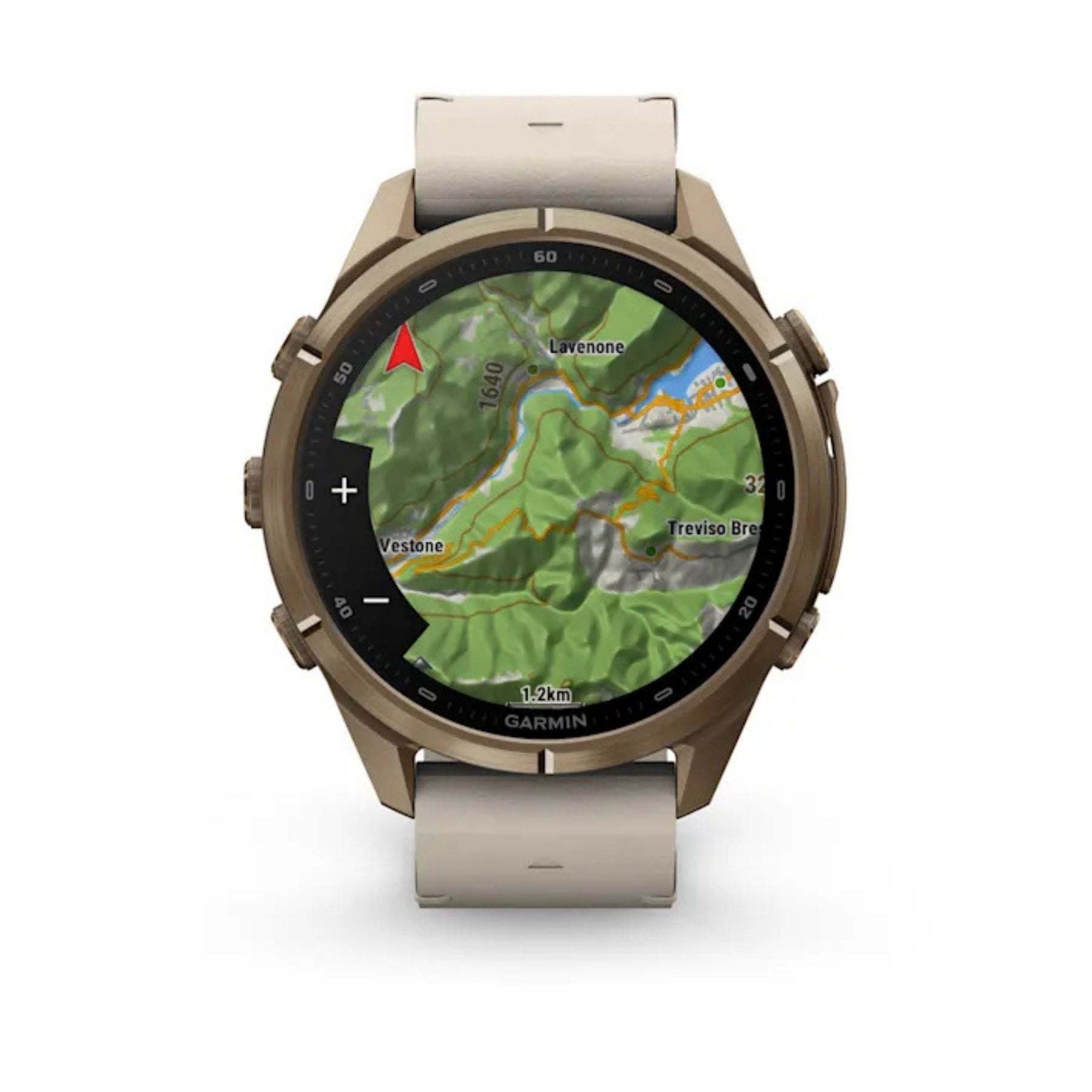 Garmin älykello kullanvärisellä titaanirungolla ja harmaalla nahkarannekkeella näyttää värillisen karttanäkymän
