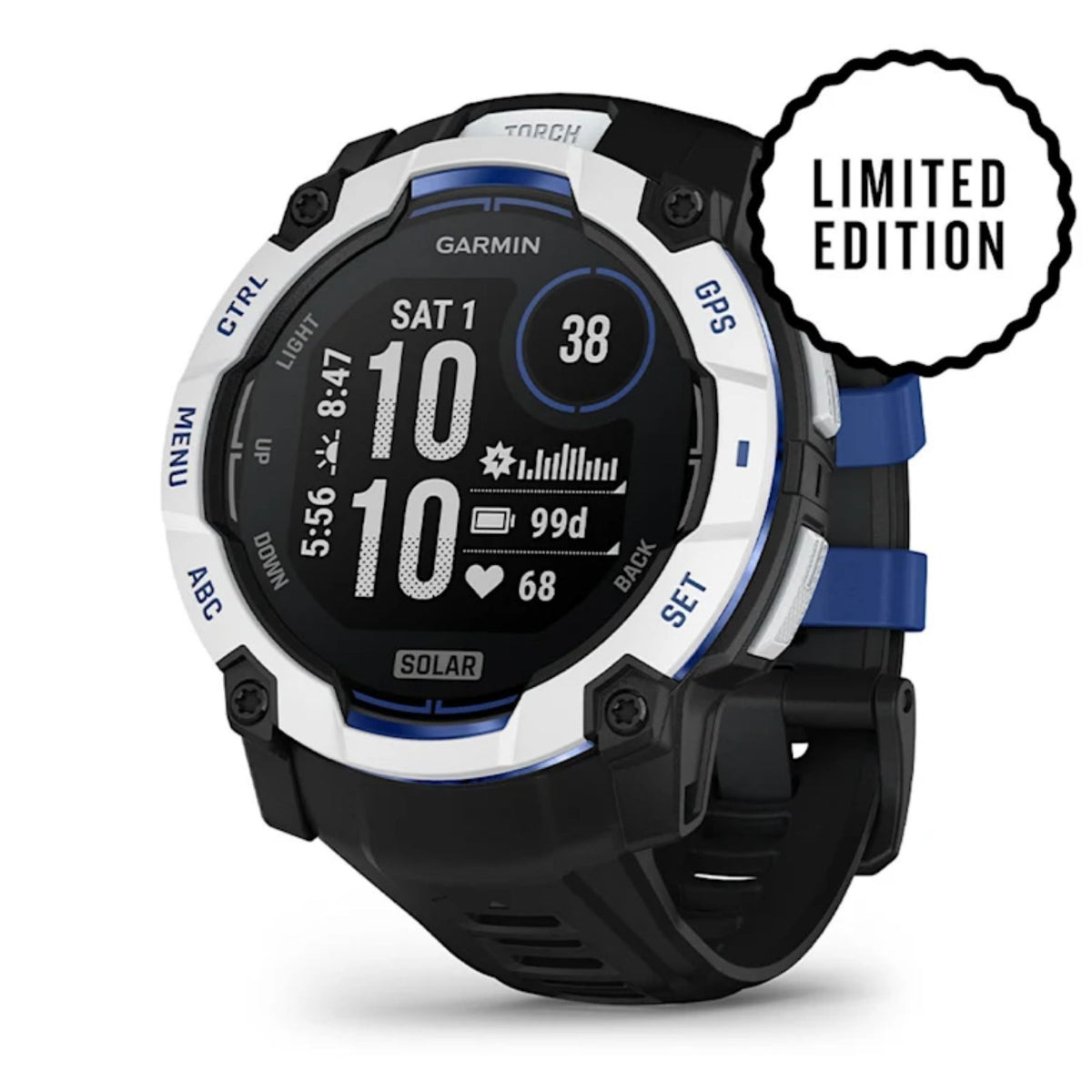 Garmin Instinct 3 Solar, 50mm, vaaleanharmaa, musta ja sähkönsininen, GPS-älykello, 010-02935-03