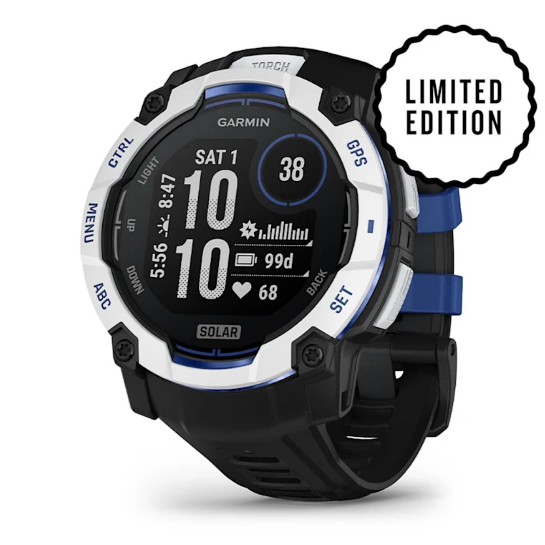 Garmin Instinct 3 Solar, 50mm, vaaleanharmaa, musta ja sähkönsininen, GPS-älykello, 010-02935-03