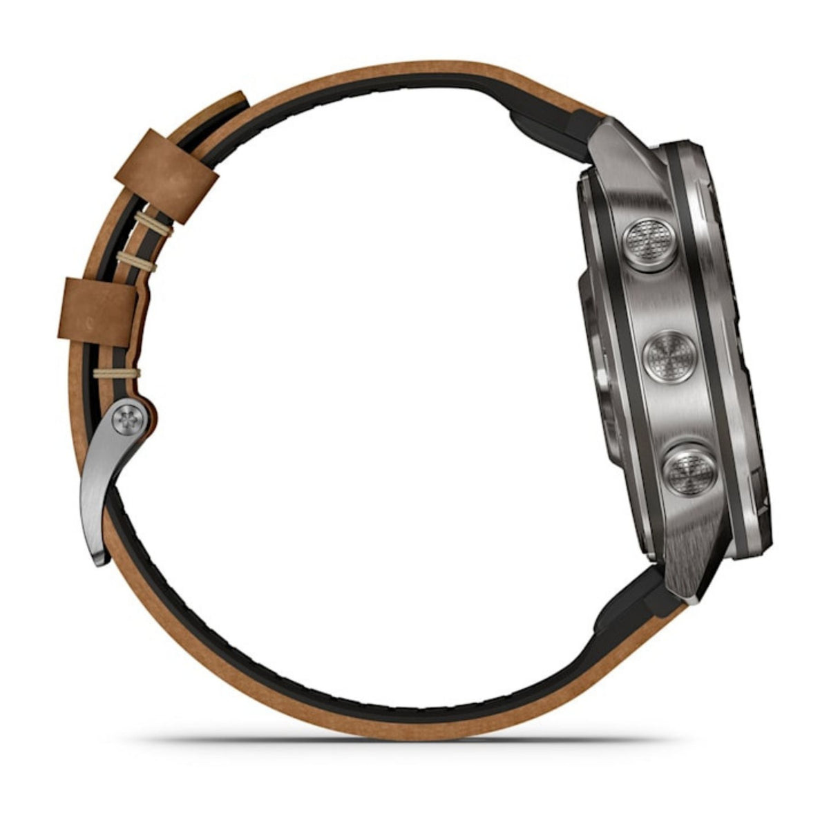 Garmin MARQ Gen 3 älykellon sivuprofiili, titaanikuori, ruskea italialainen nahkaranneke ja kolme sivupainiketta