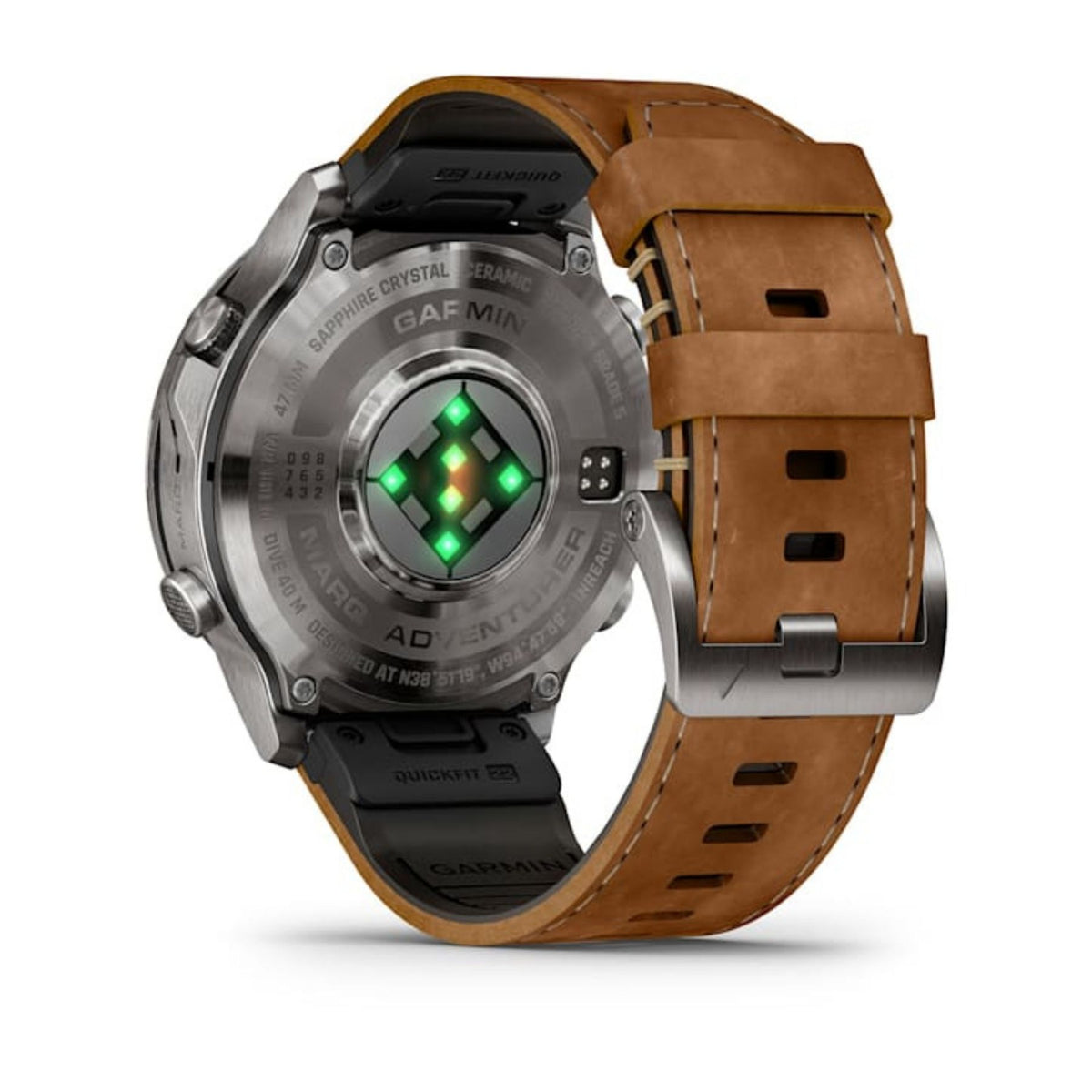 Garmin MARQ Gen 3 älykellon takaosa, titaanikuori, ruskea italialainen nahkaranneke ja vihreänä hohtava sykemittari