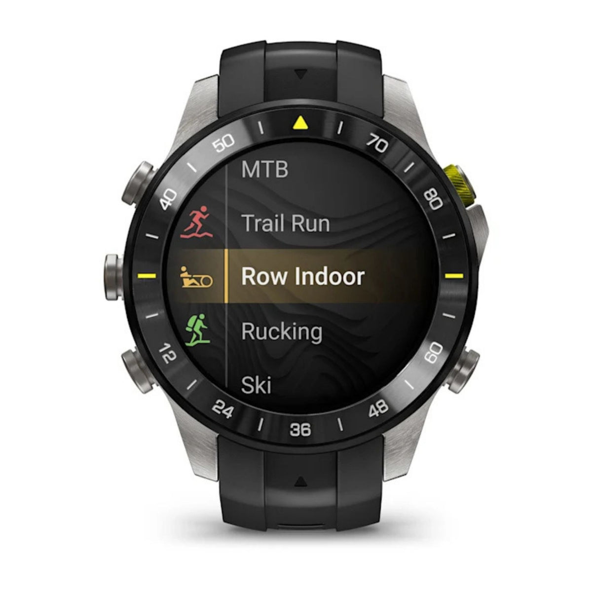 Garmin MARQ Athlete älykello mustalla rannekkeella ja pyöreällä näytöllä, jossa näkyvät MTB, Trail Run, Row Indoor, Rucking ja Ski -tilat
