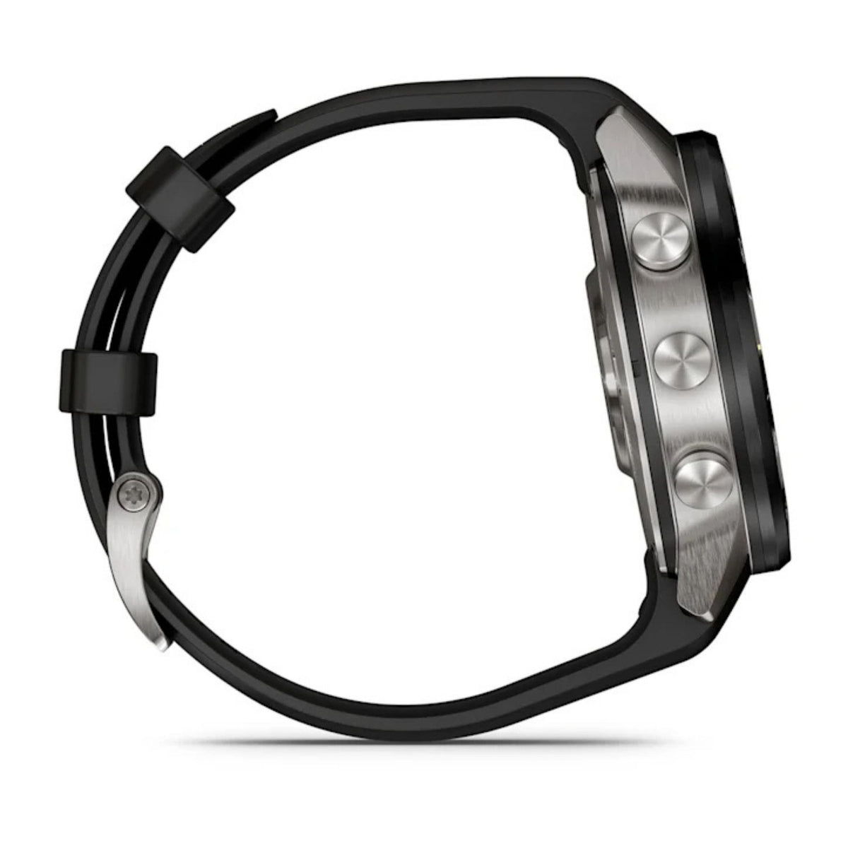 Garmin MARQ Gen 3 Athlete älykello sivuprofiilissa, musta ranneke ja titaanirunko, kolme pyöreää painiketta näkyvissä