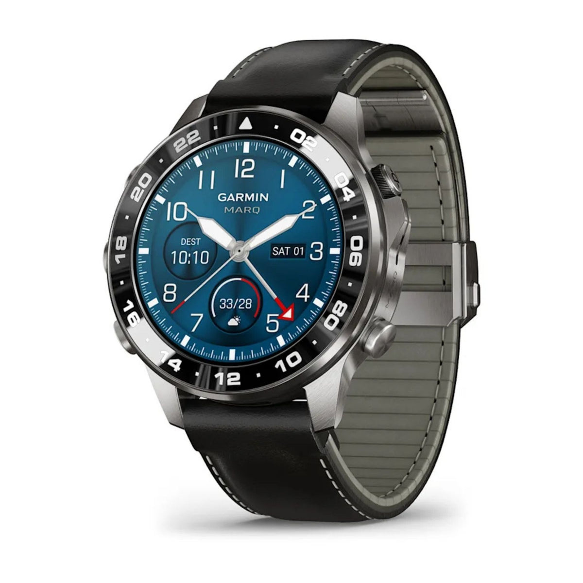 Garmin Aviator älykello sinisellä kellotaululla, titaanirungolla ja mustalla nahkarannekkeella ilmailuhenkisessä bezelissä