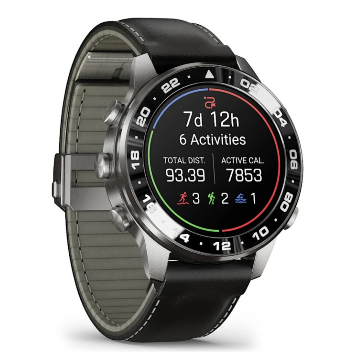 Garmin Aviator älykello mustalla nahkarannekkeella ja värillisellä aktiivisuusnäytöllä etuviistosta katsottuna