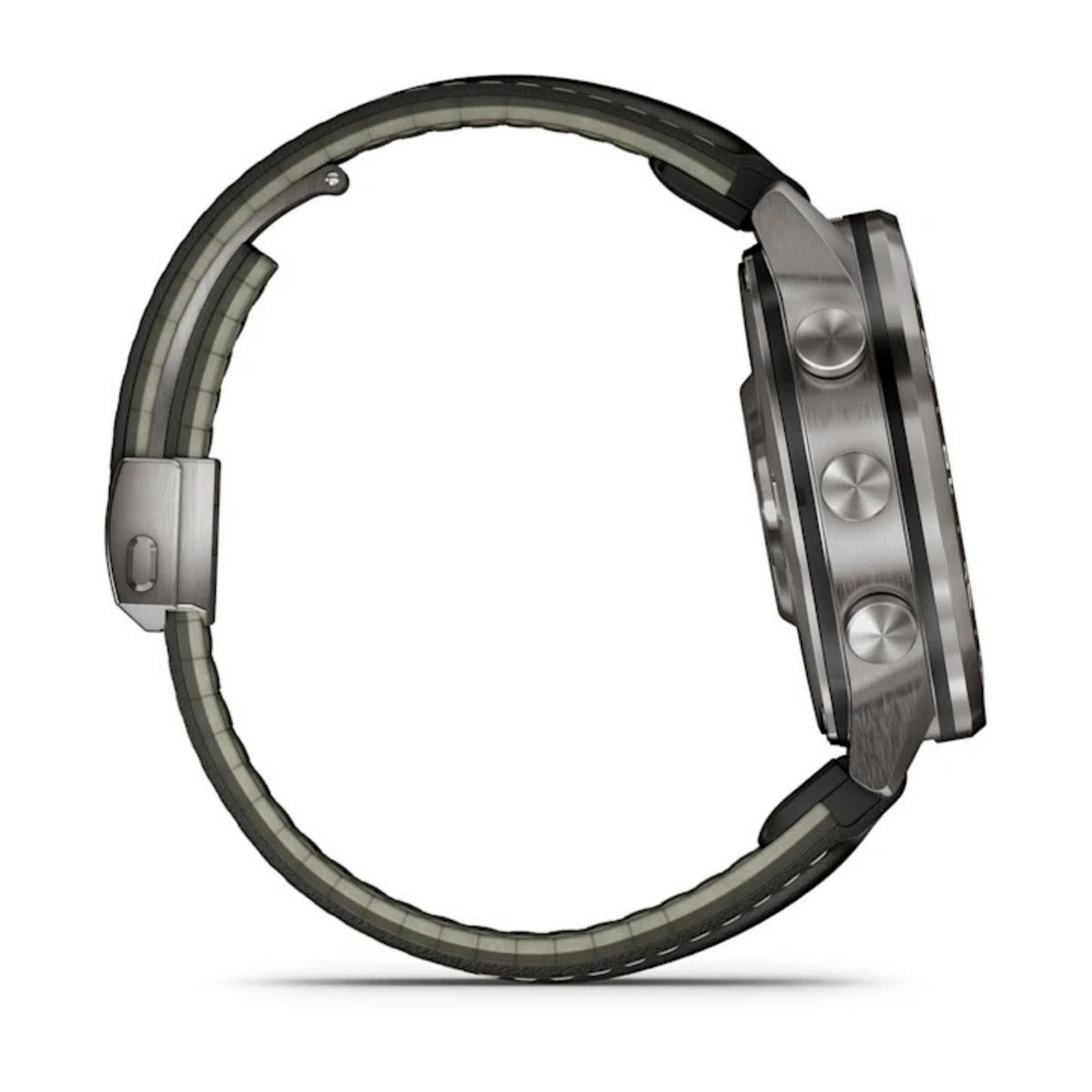 Garmin Aviator älykello sivuprofiilissa, titaanirunko, nahkaranneke ja kolme pyöreää painiketta näkyvissä