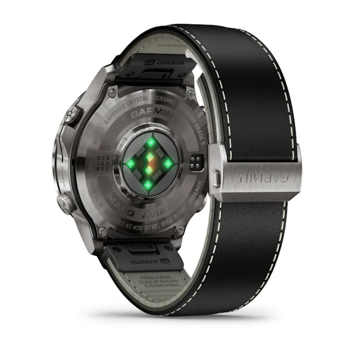 Garmin älykellon takanäkymä, titaaninen runko, musta nahkaranneke ja vihreänä hohtava sykemittausanturi.