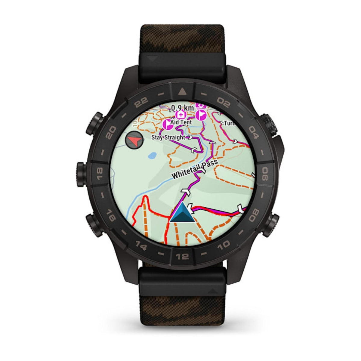Garmin MARQ älykello edestä, musta titaanikehys, karttanäyttö ja maastokuvioinen ranneke