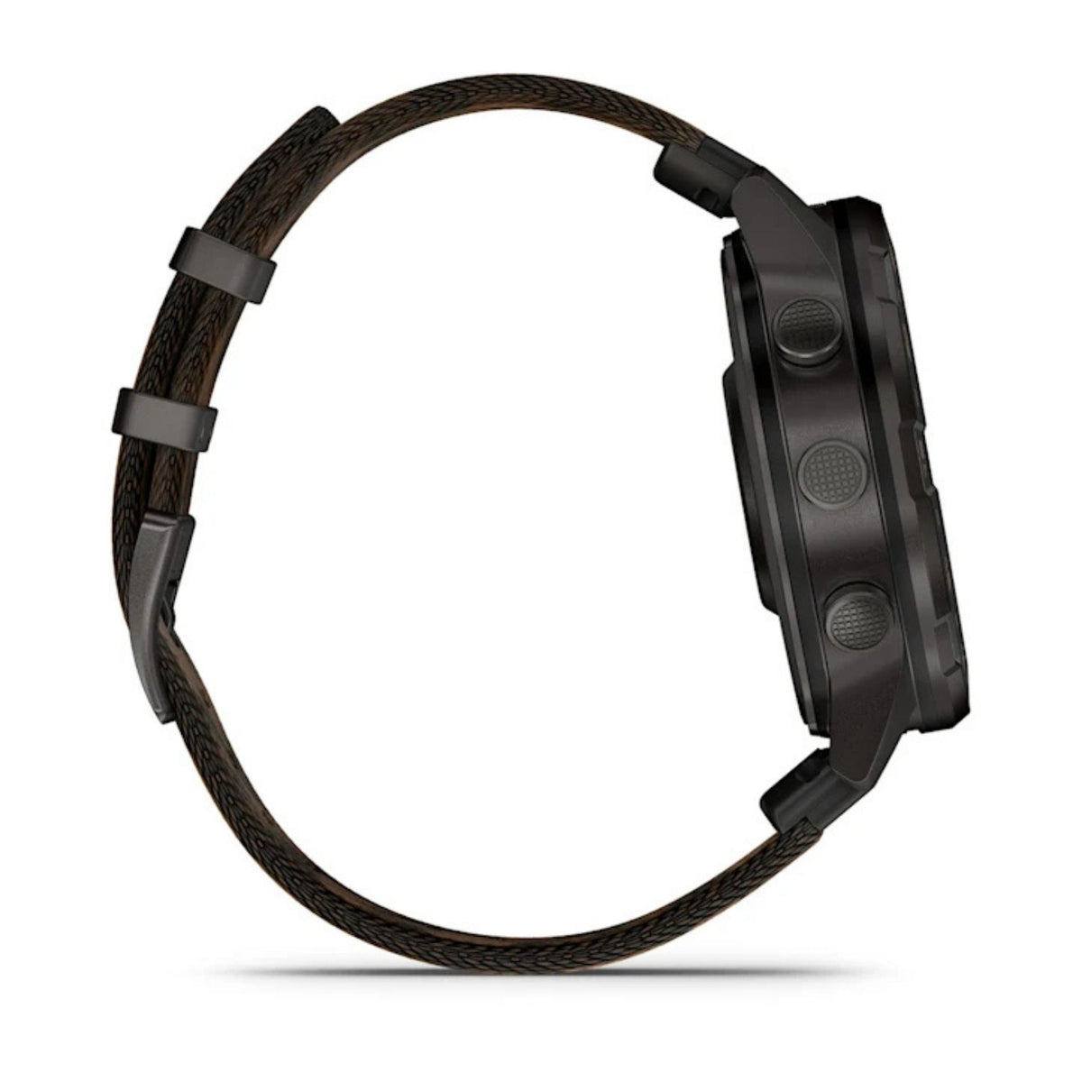 Garmin älykellon sivuprofiili, musta titaanirunko, kolme painiketta ja kuvioitu ruskea ranneke.