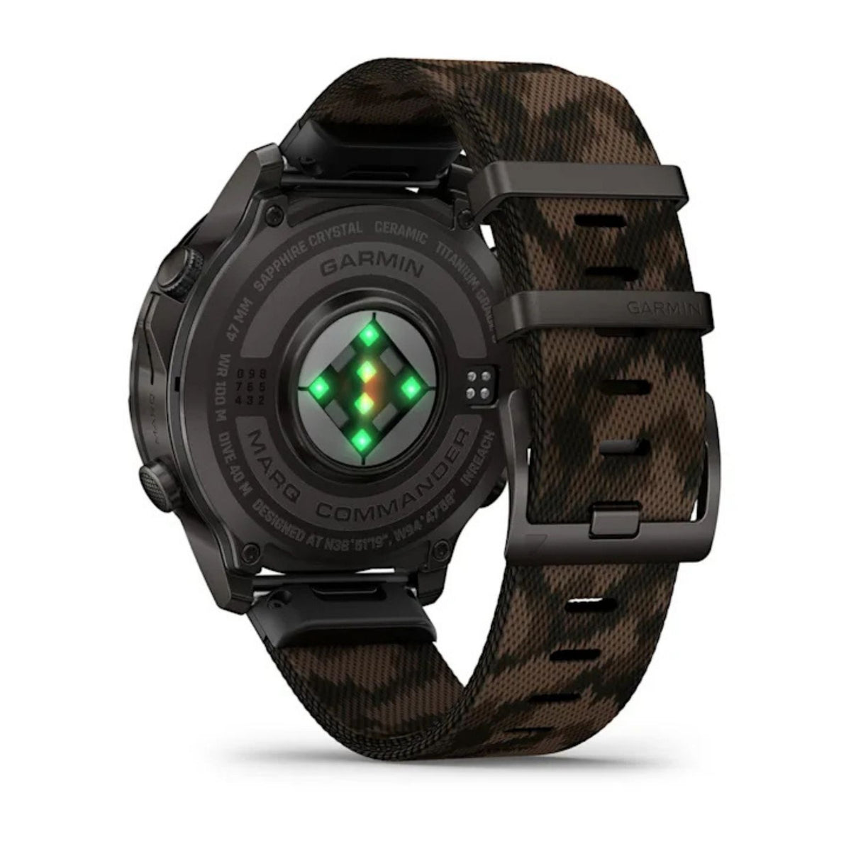 Garminin taktinen älykello takaapäin, musta runko, kuvioitu ranneke ja vihreänä hohtava sykeanturi