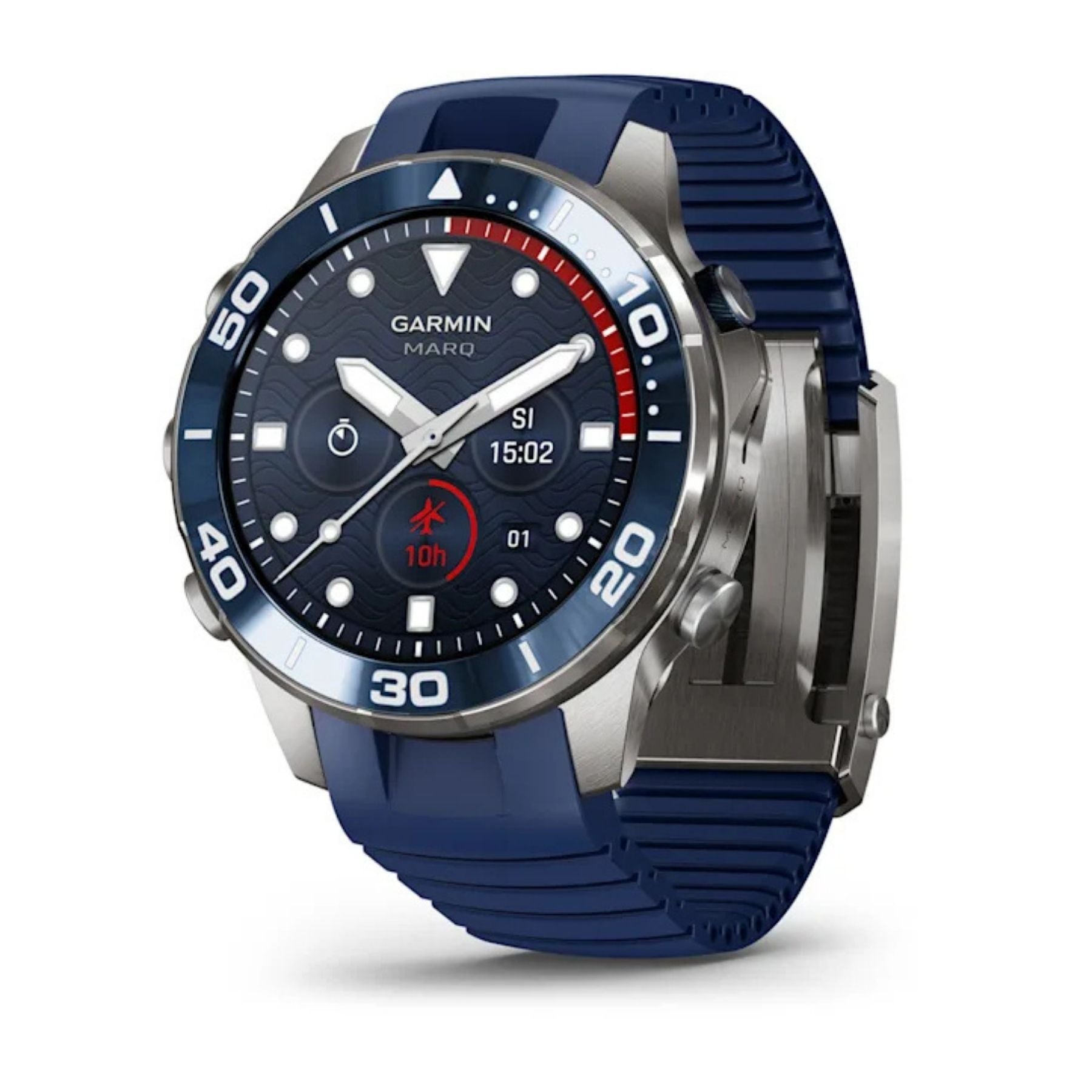 Garmin MARQ Gen 3 Diver älykello sinisellä rannekkeella ja tummalla sukelluskehyksellä etuviistosta