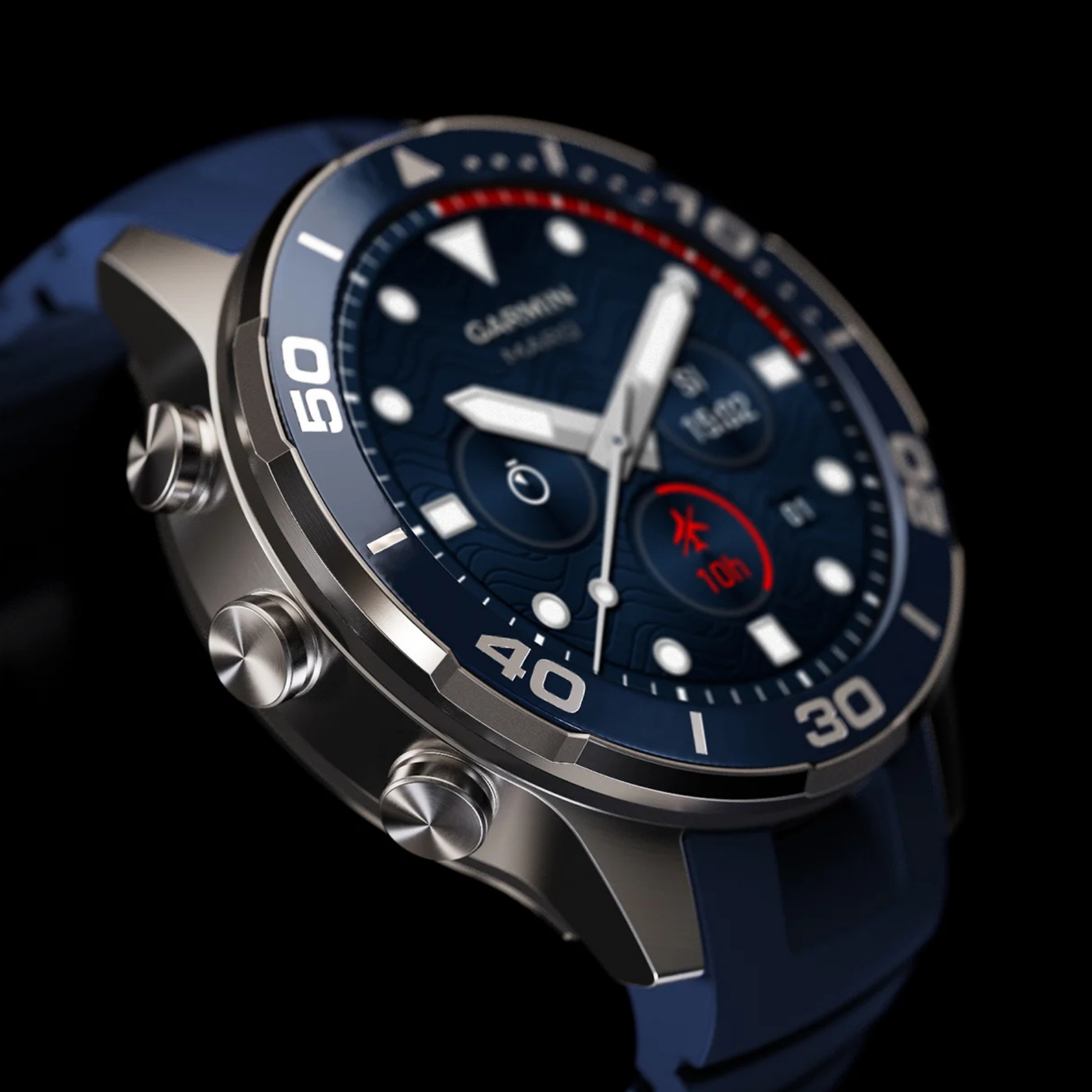 Garmin MARQ Gen 3 Diver -sukellusälykello, sininen kellotaulu, titaaninvärinen kuori ja sininen ranneke.