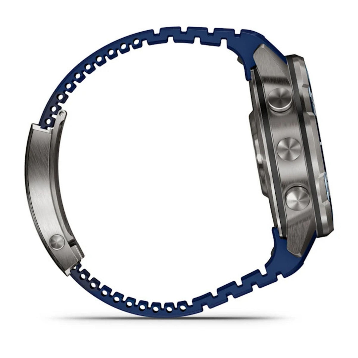 Garmin sukellusälykello sivuprofiilissa, titaanirunko ja sininen rei itetty ranneke sekä kolme pyöreää painiketta