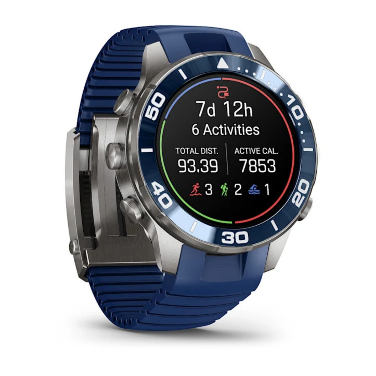 Garmin älykello sinisellä rannekkeella ja titaanirungolla, pyöreä näyttö näyttää aktiivisuustiedot ja sukellusasteikon