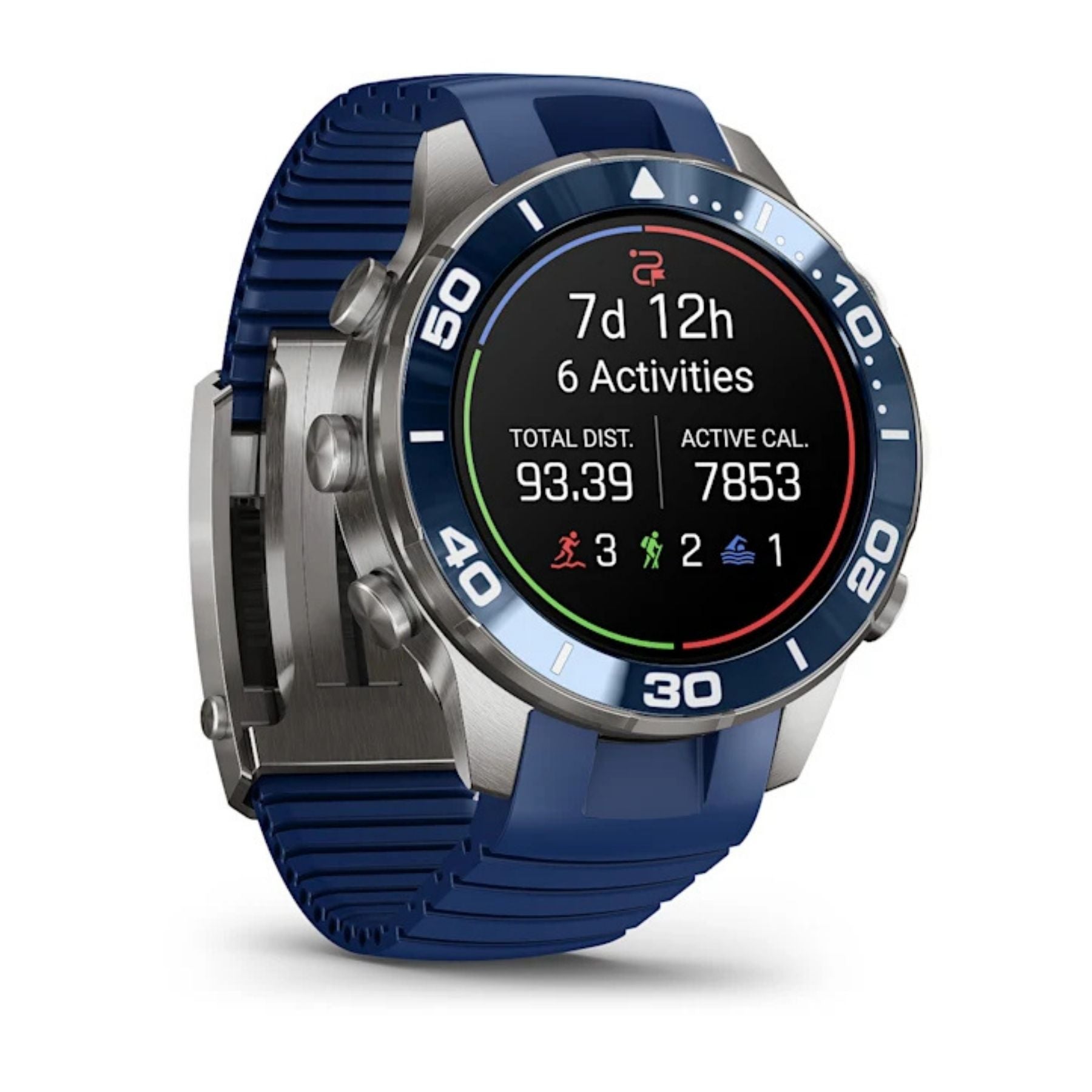 Garmin älykello sinisellä rannekkeella ja titaanirungolla, pyöreä näyttö näyttää aktiivisuustiedot ja sukellusasteikon
