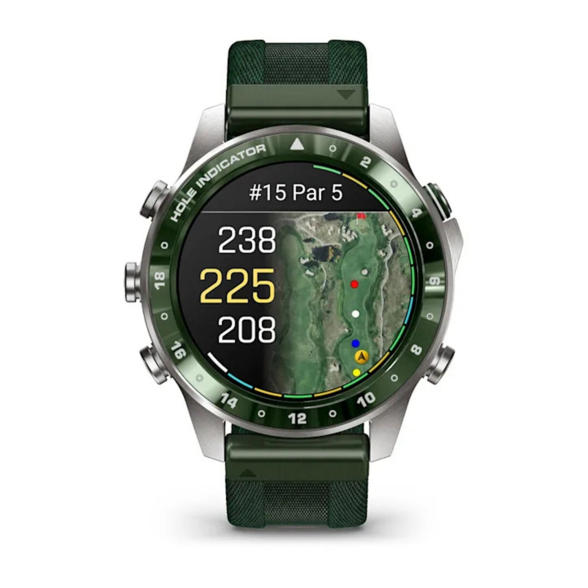 Garminin golfiin suunniteltu älykello vihreällä rannekkeella ja metallisella kehyksellä näyttää golfkentän kartan sekä lyöntietäisyydet näytöllä