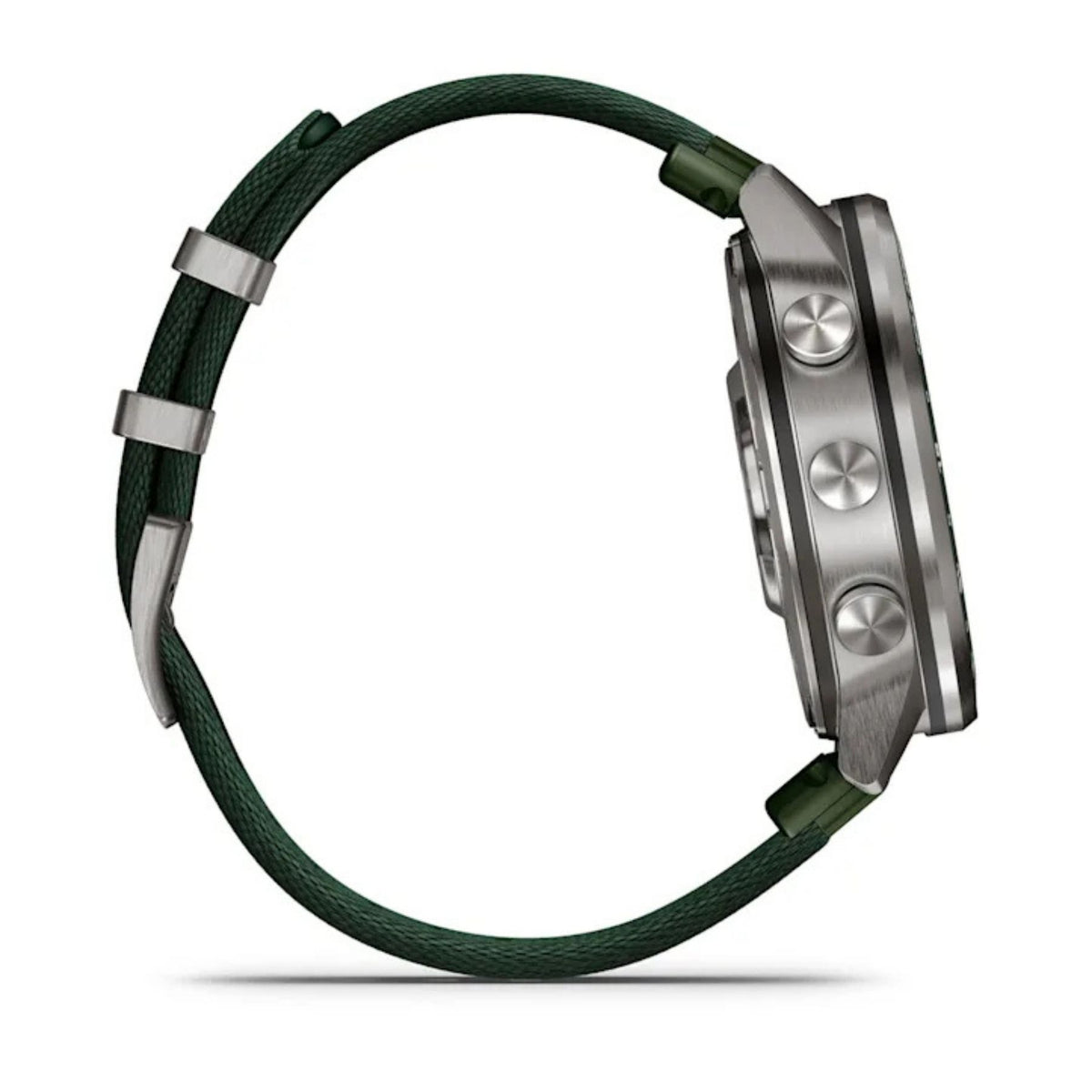 Garmin MARQ Gen 3 -älykellon sivuprofiili, titaanikuori, kolme painiketta ja vihreä tekstuuriranneke.