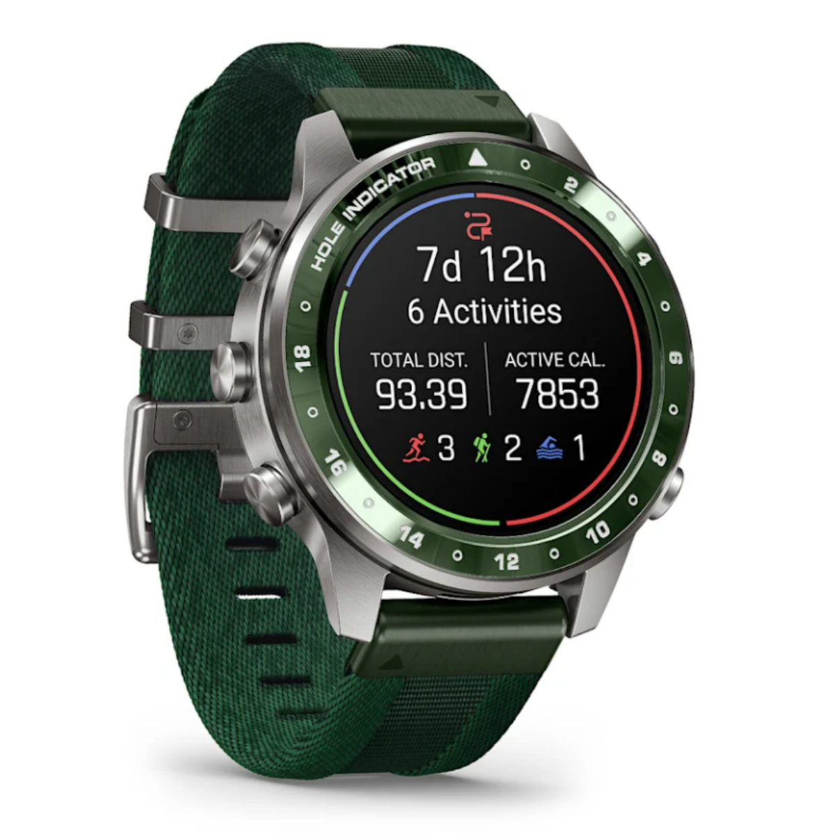Garmin Golfer älykello vihreällä rannekkeella ja vihreäreunuksisella näytöllä, jossa näkyvät aktiivisuus- ja golf­tiedot