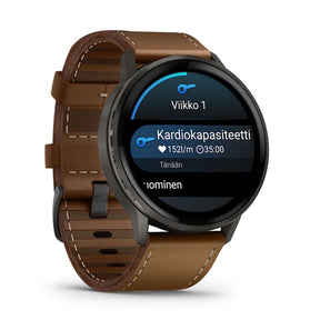 Garmin Venu 4, tummanharmaa ja ruskea nahkaranneke, 45 mm, Amoled GPS-älykello 010-03014-03