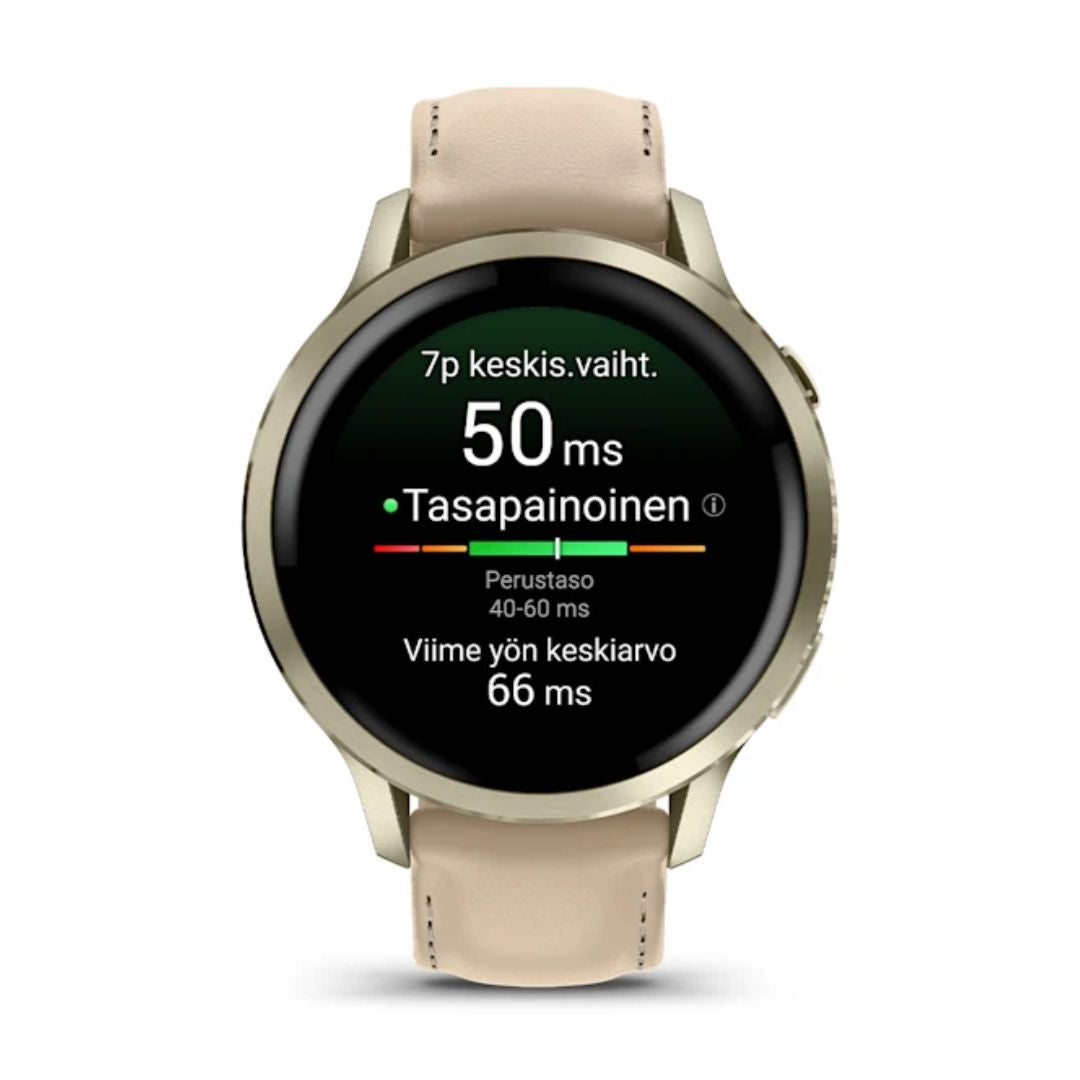 Garmin Venu 4, vaalea kulta ja vaalea hiekanvärinen nahkaranneke, Amoled GPS-älykello 010-03013-03