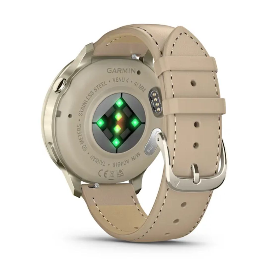Garmin Venu 4, vaalea kulta ja vaalea hiekanvärinen nahkaranneke, Amoled GPS-älykello 010-03013-03