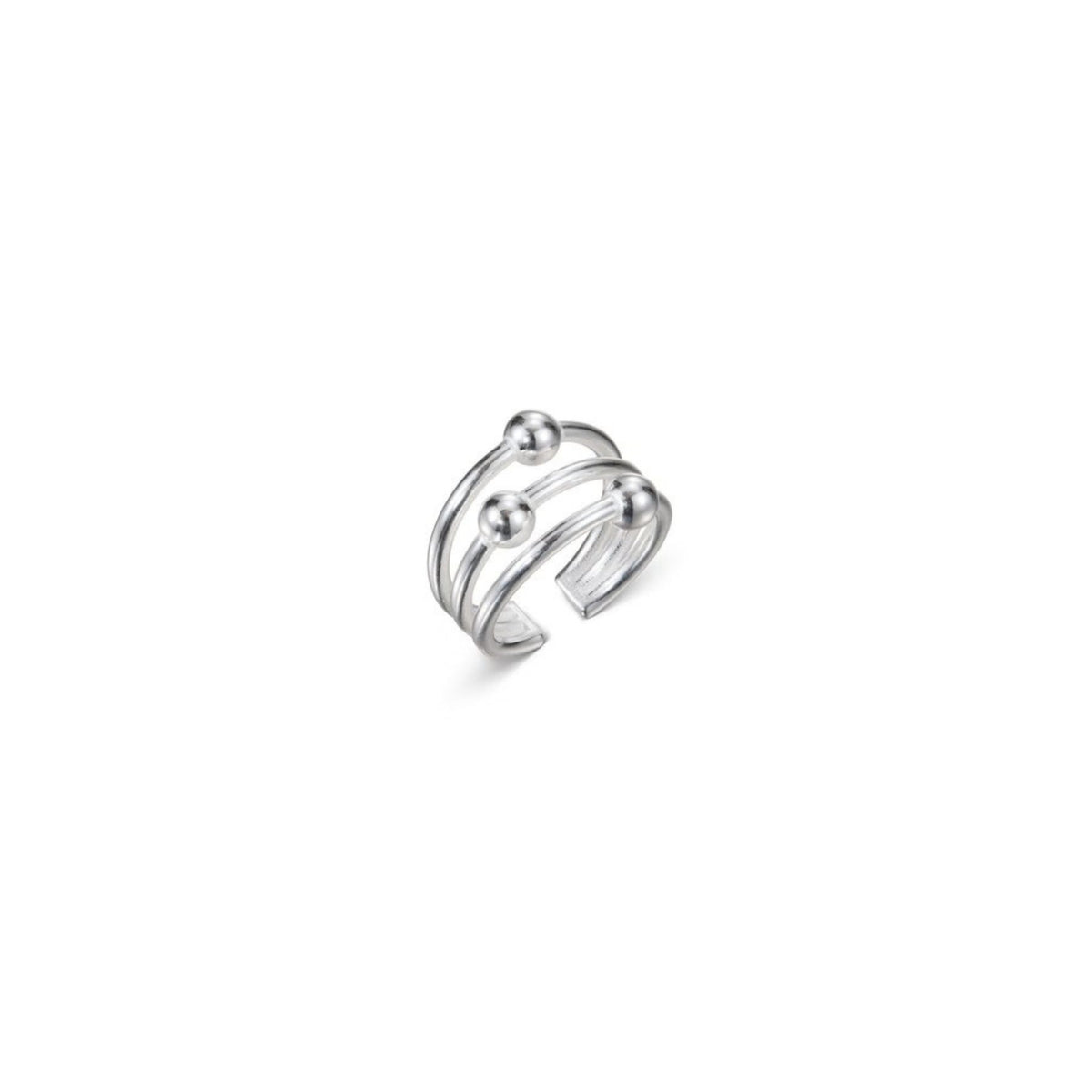 Kalevalan hopeinen ear cuff korvakoru, jossa on avoin kaareva rakenne, rinnakkaiset osat ja pienet palloyksityiskohdat.