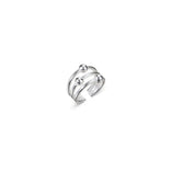 Kalevalan hopeinen ear cuff korvakoru, jossa on avoin kaareva rakenne, rinnakkaiset osat ja pienet palloyksityiskohdat.