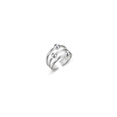 Kalevalan hopeinen ear cuff korvakoru, jossa on avoin kaareva rakenne, rinnakkaiset osat ja pienet palloyksityiskohdat.