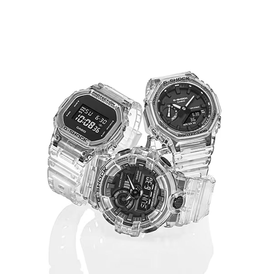 Läpinäkyvä Casio G-Shock GA-2100SKE-7AER anadigi-rannekello mustalla kellotaululla