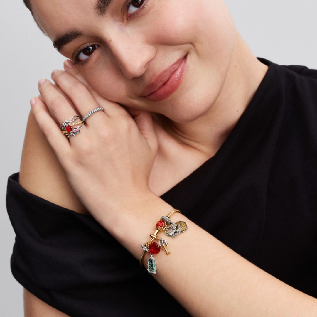 Pandora Disney Beauty and the Beast Enchanted Rose Snake Chain rannekoru, keltakullattu 564019C01