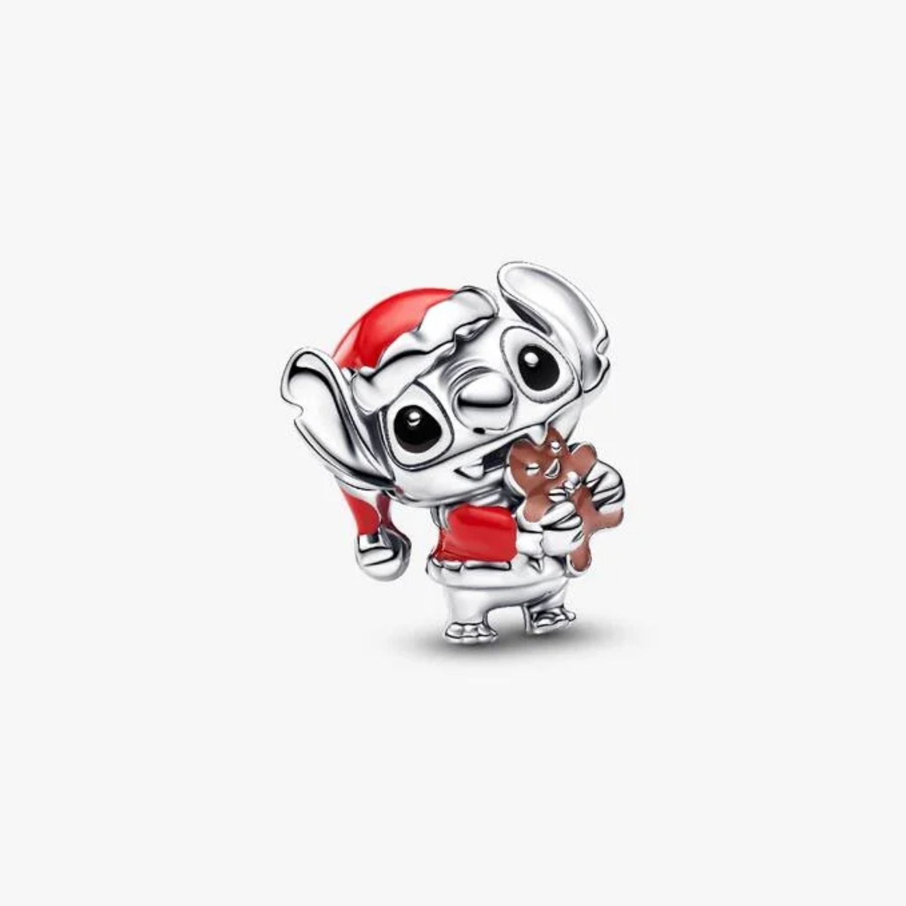 Pandora hopeinen Disney Stitch Holiday hela, jossa joulutontuksi pukeutunut Stitch pitelee pientä piparkakkua